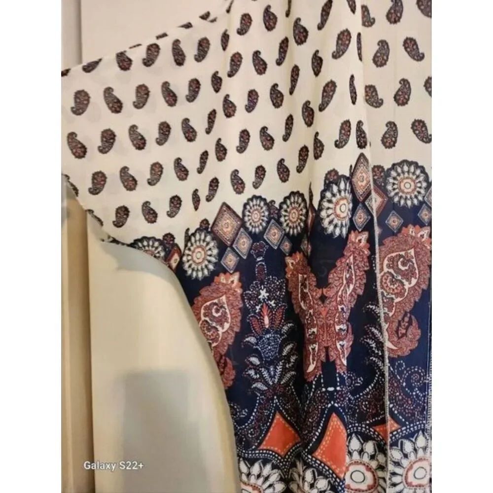 C25 Rue21 Navy, Coral & Cream Paisley & Butterfly Open Front Kimono- Fringed - Picture 8 of 10